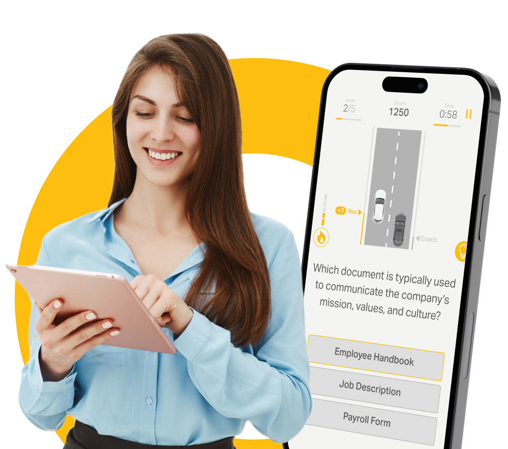 Woman holding a tablet next to a large smartphone